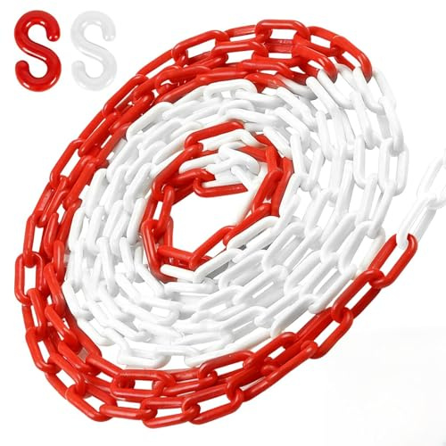 Absperrkette Rot Weiß Kunststoff mit S Haken, 10mx6mm Gut Sichtbar Absperrung Kette Kunststoffkette, Absperrband Warnkette Sicherheitskette für Baustelle, Parkplatz, Warteschlangen, Absperren Flächen