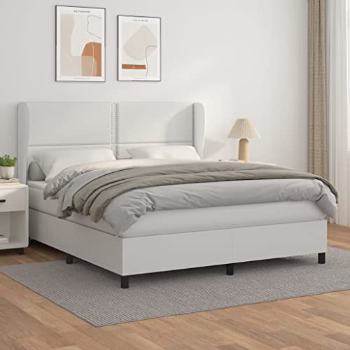GeenYuu Boxspringbett mit Matratze, Weiß 180x200 cm, Kunstleder, höhenverstellbares Kopfteil, Taschenfederkernmatratze, mittelfeste Unterstützung für erholsamen Schlaf