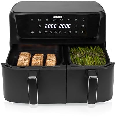 Princess Friggitrice ad Aria a Doppio Cestello con Pannello Digitale, Capacità Totale 11 L (6,5 L + 4,5 L), 2700 W, 8 Programmi Automatici, 80–200 °C, Rivestimento Antiaderente, 182470