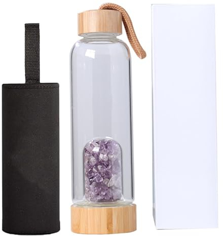 Uanqfegy Clear Glass Water Bottle with Bamboo Lid & Amethyst Crystal Infuser – Crystal Water Bottle Reusable with Sleeve & Box