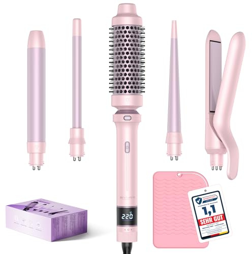 BESTOPE PRO Lockenstab, 5 in 1 Lockenstäbe Set mit Glätteisen, Thermobürste, 3 Keramische Lockeneisen (9mm- 25mm) für Große Locken, 13 Temperaturen, Hair Curler mit Hitzebest.Matte, Handschuh, Klammer