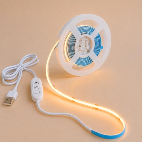 TK99SW COB LED Streifen 1M Warmweiß 2700K, 5V Dimmbare Flexibler LED Strip mit Selbstklebender,320LEDs, 8 mm Breit, CRI 92+ für TV Hintergrund Beleuchtung,Schlafzimmer,Spiegel