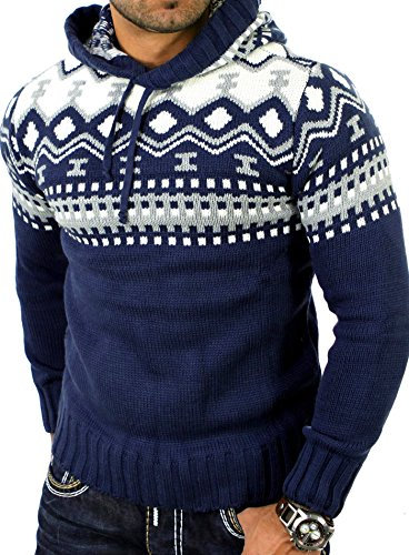 Reslad Herren Grobstrick Pullover Norweger Winter Kapuzenpullover RS-3013 Blau L