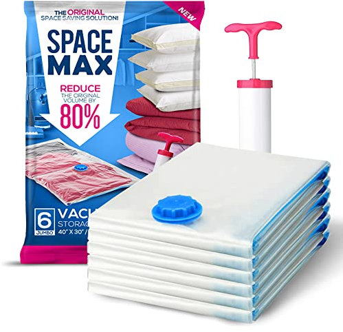 Jumbo 6 Pack - SPACE MAX Premium Space Saver Vacuum Storage Bags - Save 80% More Storage Space - Reusable, Double Zip Seal & Leak Valve, Includes Travel Hand Pump
