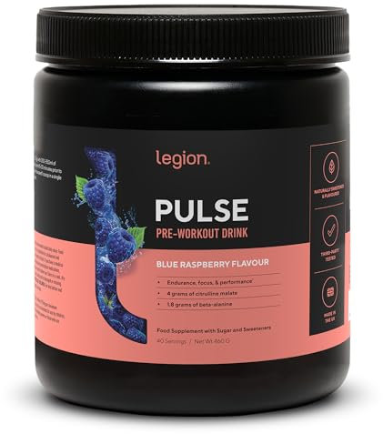 Legion Pulse Pre Workout Supplement - All Natural Nitric Oxide Preworkout Drink to Boost Energy, Creatine Free, Naturally Sweetened, Beta Alanine, Citrulline, (Blue Raspberry)