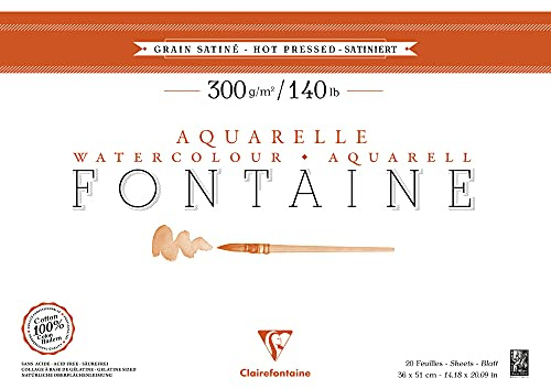 Clairefontaine - Ref 96346C - Fontaine Hot Pressed Watercolour Glued Pad (20 Sheets) - 36 x 51cm Size, 300gsm Paper - Suitable for Watercolour Artwork