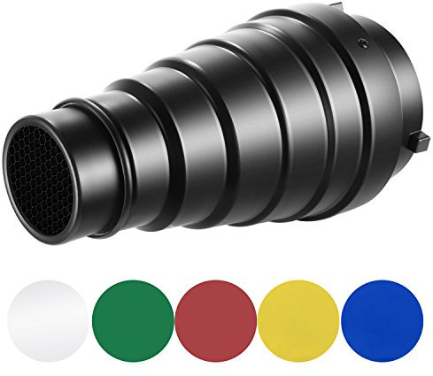 NEEWER Metall Spotvorsatz Snoot für Light Shooter mit Honeycomb Wabengitter und 5 Stück Gel Farbefilter für Bowens Montage Studio Strobe Monolicht Fotografie Blitzlicht (Mittel)