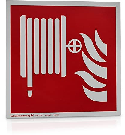 Betriebsausstattung24 Löschschlauch Schild - Folie langnachleuchtend & selbstklebend - Größe: 15 x 15 cm - Symbol Schild l DIN 67510 Klasse C - Leuchtdichte 150 mcd - Brandschutzschild