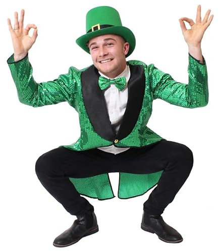 Costume da Leprechaun per San Patrizio, taglia L, vestito irlandese, frac con paillettes, papillon con paillettes verdi e cappello a cilindro verde
