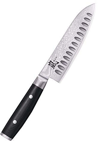Yaxell RAN Santoku Messers mit Löchern aus Edelstahl VG10 und Griff aus Canvas-Micarta in der Farbe Schwarz, Länge: 16,5 cm, 36018