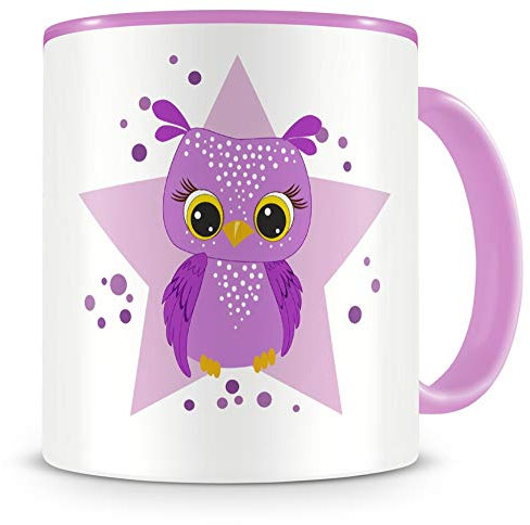 Samunshi® Kinder-Tasse mit einer Lila Eule als Motiv Bild Kaffeetasse Teetasse Becher Kakaotasse 300ml rosa