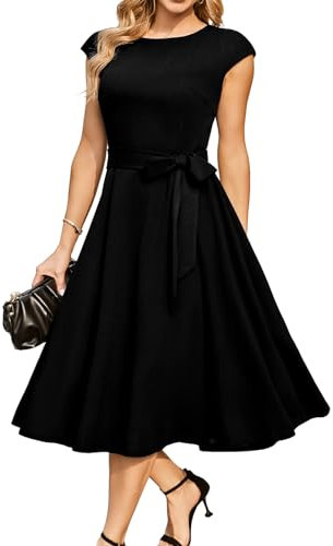 DRESSTELLS Cocktailkleid Damen Schwarz Elegant 1950er Knielang Rockabilly Hochzeitkleid Vintage Swing Festlich Midilang Abendkleid Kurz Sommer Kleid Black S