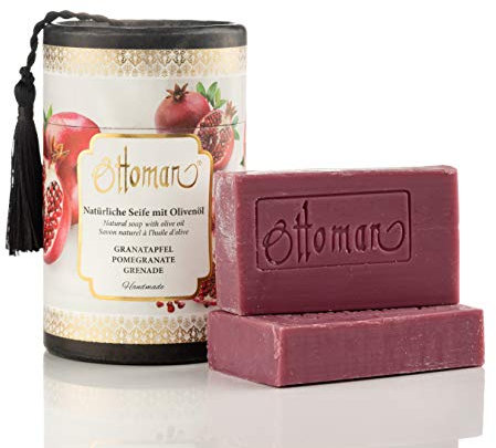 Natürliche Granatapfel Seife mit Olivenöl in nostalgischer Zylinderbox Handmade, Geschenkbox (2x75 gr)