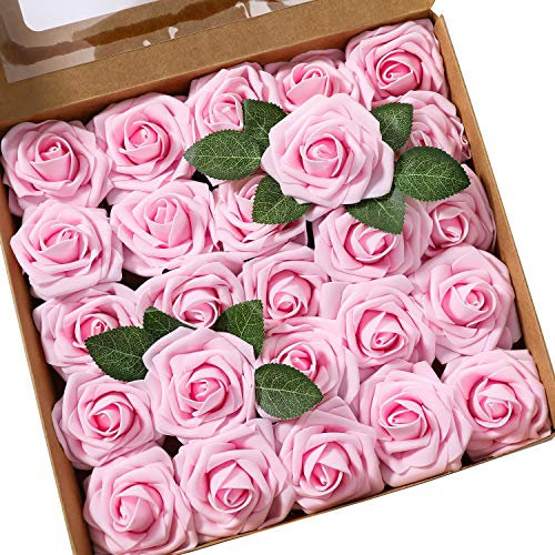 Ksnnrsng Rosa Rosse Artificiali, Fiori Artificiali Schiuma Teste di Rose Finti per DIY Matrimoni Mazzi Nuziale Festa Casa Decorazioni (25 Pezzi, Leuchtend Rosa)