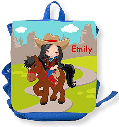 SL-Store GbR Kindergartenrucksack blau Pferd Reiterin schwarze Haare mit Namen Mädchen Kleinkind Kinderrucksack für KITA Kindergarten personalisiert Name bedruckt