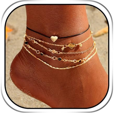 Handcess Lot de 5 bracelets de cheville, style accumulation et bohème, avec cœur et perles dorés