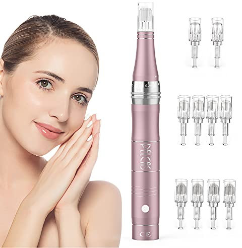 PELCAS Wiederaufladbar Dermapen Micro Needle Roller Electric Pen kabellos Anti Aging Skin Device 0-2mm Verstellbar mit 3 Stufen inkl. 10 Nadelpatrone für Falten Stretch Marks Akne Narbe Haarausfall