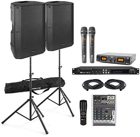 Professional Karaoke System with Vonyx VSA12 Bi-Amplified Active Speakers, Wireless UHF Microphones, Bluetooth DSP Mixer & CDG DVD Player for Pub & Venue Karaoke Setup