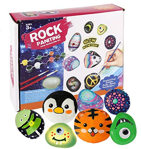 Rock Painting Kit for Kids Adult, Glow in The Dark Painting Rocks, Arts and Crafts Kits for Kids with 16PCS Paint Rocks, Art Supplies Christmas Birthday Gift for Kid