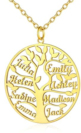 Personalised 8 Name Necklace Gold Plated Tree of Life Family Jewellery Gifts for Mum Birthday Christmas Mothers Day