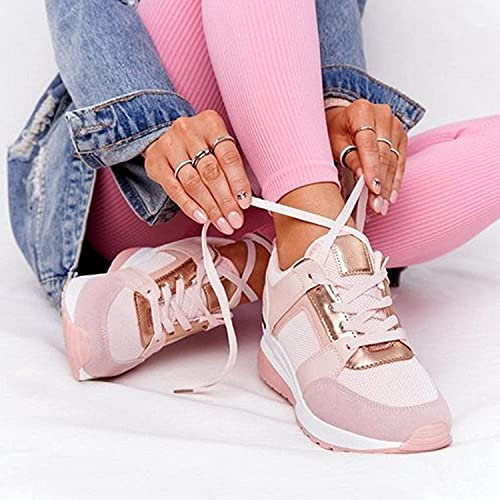 Yagerty Chaussures de Marche pour Femmes Talon compensé à Semelles épaisses Maille Respirante Tennis Baskets décontractées Mousse à mémoire Baskets de Course légères, Rose, 35 EU
