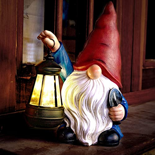 WONDHOME Statue de nain de jardin avec pelle - Statue solaire avec lanterne LED - Décoration extérieure - Terrasse, cour, pelouse, patio, porche, cadeau de pendaison de crémaillère