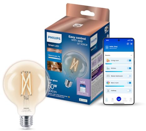 Philips Smart Lighting, Smart LED G95-LED-Lampe mit Filament, E27-Leuchtmittel, 806 lm, Einstellbares Weißlicht 2.200–6.500 K, Niedrig Dimmbar, Connected by WiZ, Alexa, Google Home, Apple Home