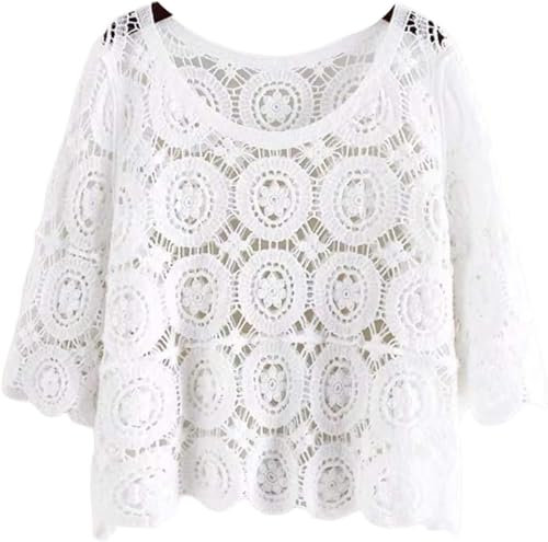 Camiseta de Ganchillo de Manga 3/4 de Verano para Mujer, Estilo Bohemio, Hippie, Hueca hacia Fuera de Punto con patrón Floral, Blusa de Playa para Cubrir, Blanco, Talla única