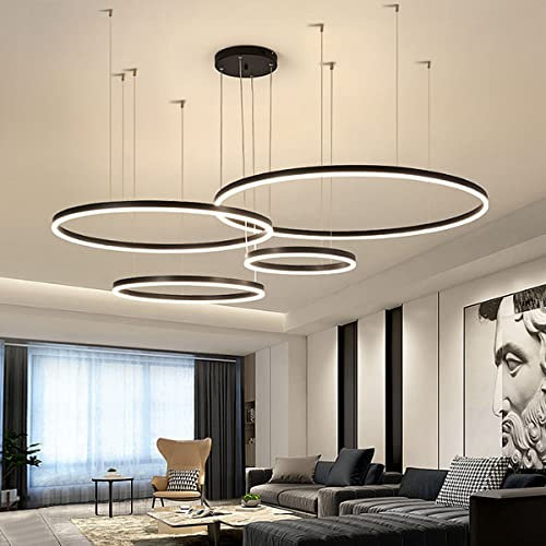Modern LED Ring Pendelleuchte Dimmbar Wohnzimmerlamp Aluminium Kronleuchter Mit Fernbedienung Schlafzimmer Hängeleuchte Salon Esszimmer Deckenleuchte Metall Acryl Hängelampe,Schwarz,40+60+80+100cm