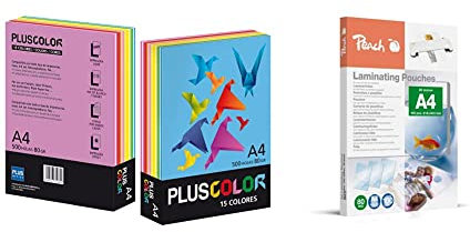 Plus Office Color 002210 – Papier, 500 Blatt, 80 g, 15 Farben, A4 & Peach PP580-02 Laminierfolien, DIN A4, 80 mikron, 100 Stück
