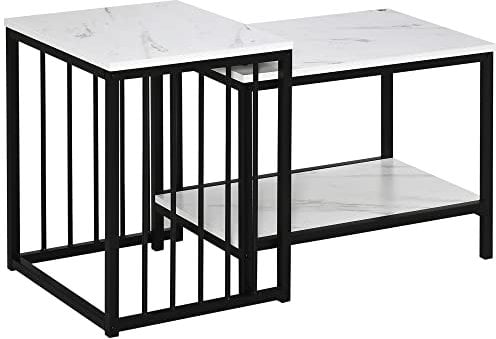 HOMCOM Modern Coffee Table Set of Two, Marble-Effect Nesting Side Tables with Steel Frame for Living Room, White and Black
