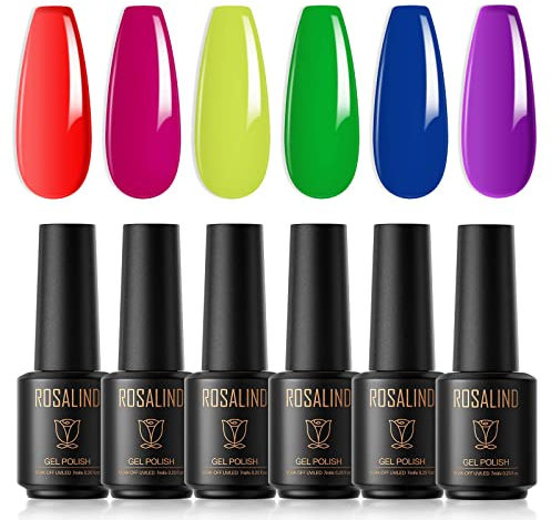 ROSALIND UV Nagellack Shellac Set 6 Farben Rosa Gelb Grün Blau Lila Gel Nagellack Shellac 6 * 7ml Neon UV Nagellacke Set, Homestay Nail Art Nagelsalon Design Maniküre Set