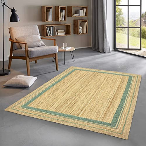 Taracarpet Jute Teppich Sisal Optik mit Bordüre Kurzflor Boho modern für Wohnzimmer Schlafzimmer nachhaltig Natur-Teppich grün 160x230 cm
