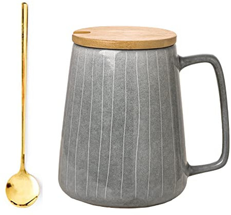 Ceraozmus Large Ceramics Coffee Mugs,with Spoon and Wooden Lid,for Coffee,Tea,Cocoa,Large Handle Design,Microwave Dishwasher Safe (Gray Set)