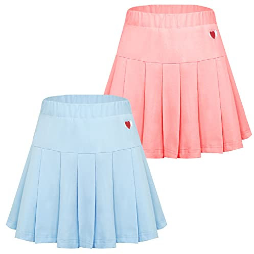 SEAUR Gonna a pieghe per bambini e bambine, con pantaloni, tinta unita, sportiva, da tennis, in cotone, da 100 a 155 cm, 2 pezzi-rosa+blu, 146-160