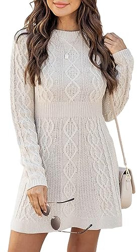 Ebifin Strickkleid Damen Rundhals Strickpullover Kleid Elegant Tunika Pullikleid Winterkleid Sweater A-Linie Minikleid.Beige.S