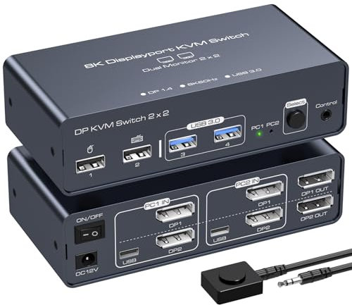 VEDINDUST 2*DisplayPort KVM Switch 2 PC 2 Monitore 4K120HZ 8K60HZ Aluminium DP 1.4 KVM Switch Dual Monitor Gemeinsame Nutzung von 4 USB-Geräten (USB C unterstützt keine Videoübertragung)