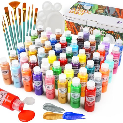 Halobios Acrylfarben-Set mit Pinsel und Palette – 50×60 ml hochwertige ungiftige Acrylfarbe, mit fluoreszierenden und metallischen Farben, schnell trocknend, wasserfest und lichtecht