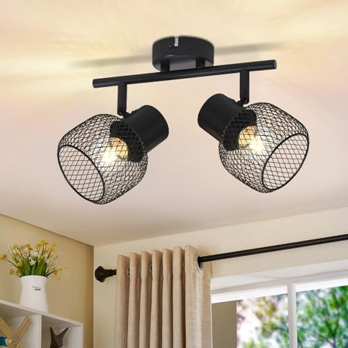 Glitzerlife Deckenleuchte Vintage Deckenstrahler 2 Flammig - Deckenlampe Schwarz Metall LED Drehbar 330°Strahler Innen für Flurlampe Wohnzimmer flur Schlafzimmer Küche E27 Max.25W Ohne Leuchtmittel