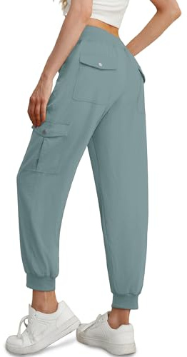 GRECERELLE Pantalones de chándal para mujer, pantalones cargo de verano, pantalones deportivos de ocio, pantalones de entrenamiento para mujer con cintura elástica, puños en los tobillos y 6 bolsillos