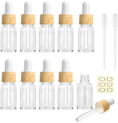 JamHooDirect 10Pcs, 10ml Clear Glass Bottles with Dropper Pipettes, Mini Empty Dropper Bottles with Wood Grain Plastic Cap Refillable Sample Container for Essential Massage oils/Chemical Liquid