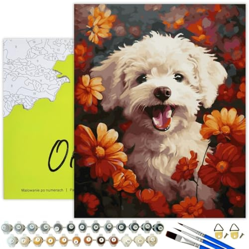 Oh Art! Malen Nach Zahlen Erwachsene Set Mit 3 Pinseln Und Acrylfarben Gemälde Acrylic Malerei DIY Leinwand 40 x 50 cm Hund Mit Blumen