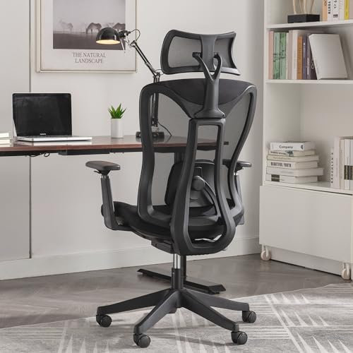 AISALL Bürostuhl Ergonomisch, Schreibtischstuhl mit Verstellbarer Sitztiefe, Lendenwirbelstütze, Armlehne, Kopfstütze, Drehstuhl aus Mesh, Bürostuhl hat Liegefunktion, Höhenverstellung, Schwarz