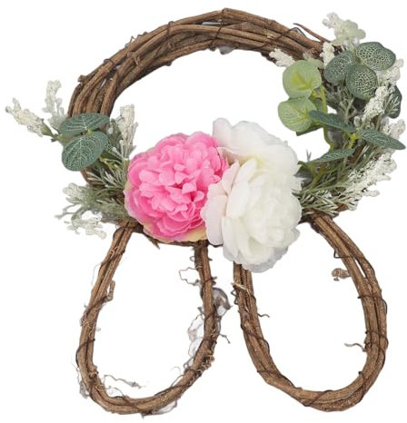 POVVFRTY Osterhasen-Kranz, Rattan, Frühling, künstlicher Blumenkranz, Girlande, Tür-Hängeschild, Dekoration mit Streifenlichtern for Zuhause, Osterhasen-Kranz/8888