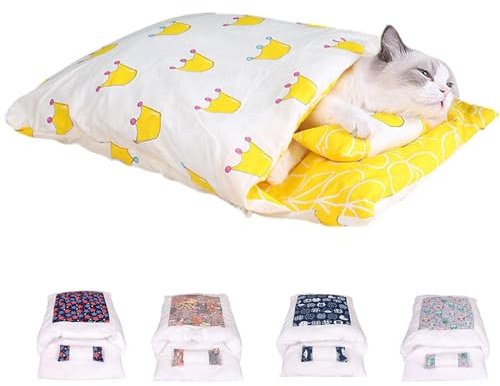 Orthopaedic Cat Sleeping Bag, The Soft and Warm Sleeping Bag for Cats, Cat Sleeping Bag, Removable and Washable Cat Cushion, Safety Feeling Pet Bed (Yellow, M (within 3-10 pounds))