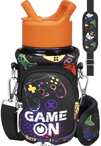 Miss Adola Neoprene Insulated Bottle Carrier - Strap Bags Holder for Kids Boys Girls, 10/12/14/16/18Oz Stainless Steel Glass Bottles Sleeve, Black
