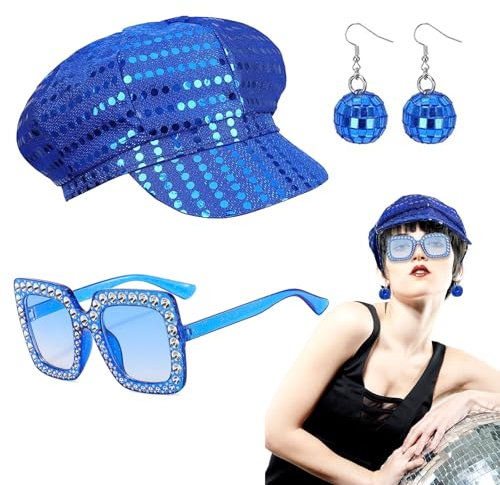FUIPVGI 3 Stücke Disco Kostüm 70er Jahre Accessoires Abba-Pailletten Hut-Set im 70er, Damen-Disco-Zubehör Outfit, mit Pailletten Hut Sonnenbrille Ohrringe, für Frauen, Themenparty, Fasching Karneval