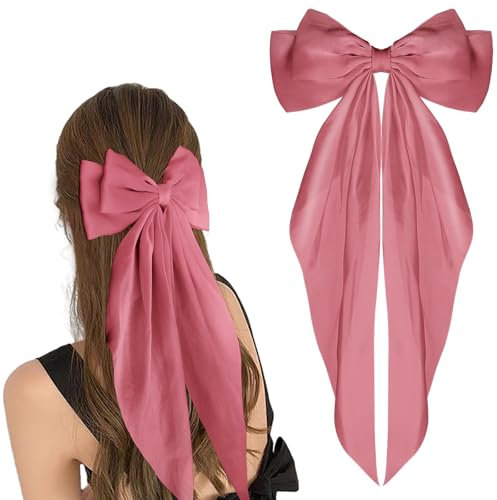WLLHYF Barrettes à gros nœud à longue queue en ruban français - Épingles à cheveux en satin doux et soyeux - Accessoires des années 90 pour fête pour femmes et filles (rose coréen)