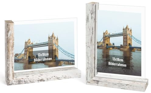 kollyseek 2er Set Bilderrahmen 13x18 cm. L-förmigem MDF Bilderrahmen mit Doppelseitiger nicht zerbrechliches gehärtetes Glas,Vintage-Weiß
