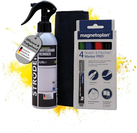STRÖDER® - Whiteboardreiniger I 250ml effiziente Reinigung für Whiteboards I Sprühflasche + Microfasertuch für Whiteboards, Schreibfläche & Tafeln
